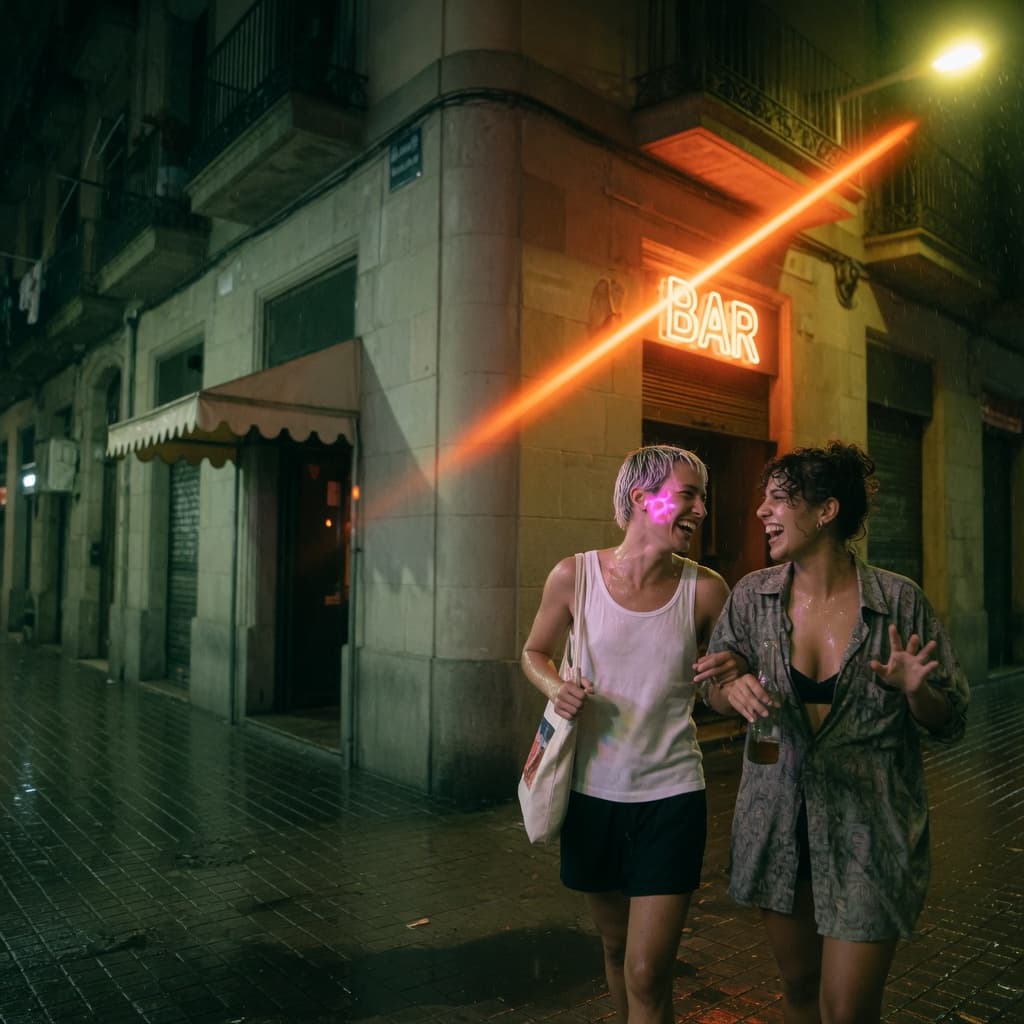 Two people walking home at night on a green-lit city street, hotel canopy glowing behind them